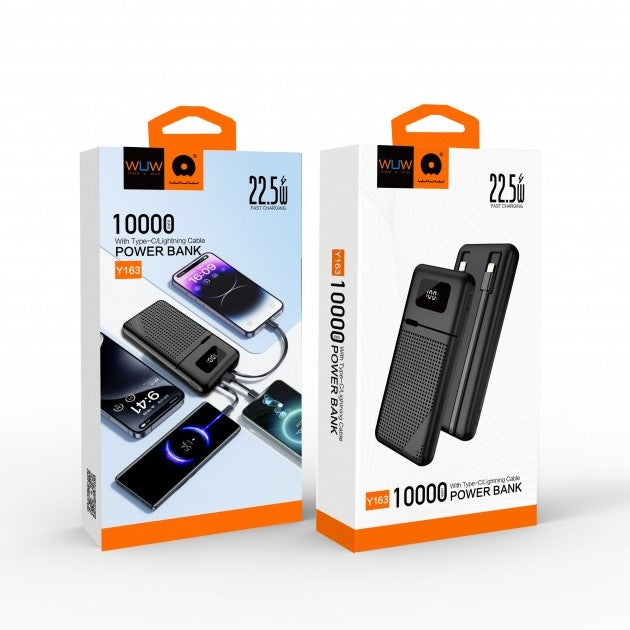 WUW Y163 10,000mAh Power Bank with Built-In USB-C & Lightning Cables
