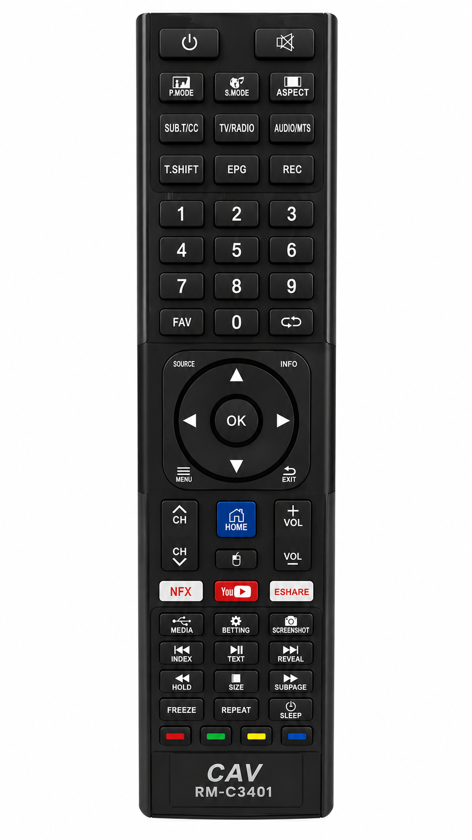 JVC RM-C3401 smart TV remote control, black, front view