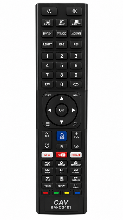 JVC RM-C3401 smart TV remote control, black, front view