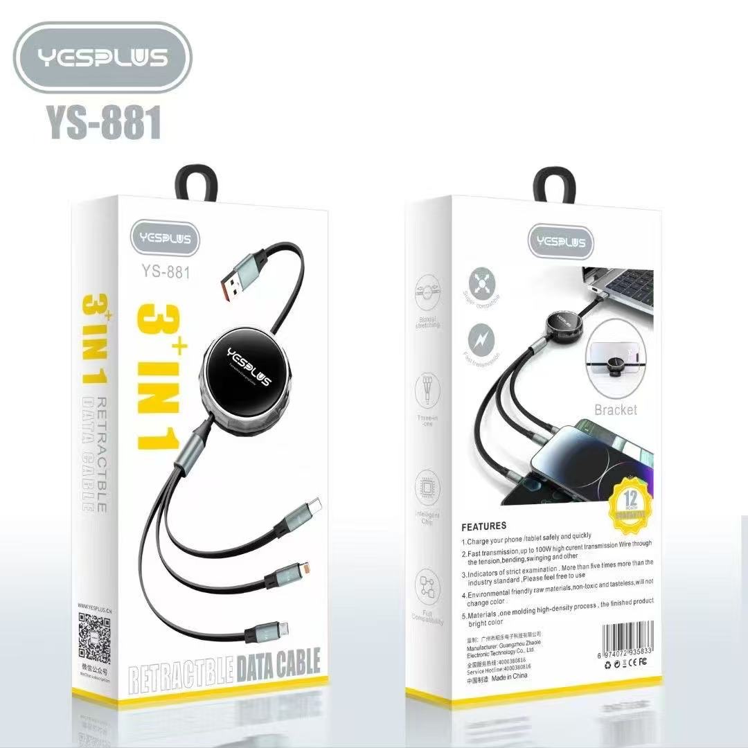 YESPLUS YS-881 3-in-1 Retractable Charging & Data Cable