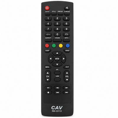 JVC RM-C3113 universal TV remote control, black, front view