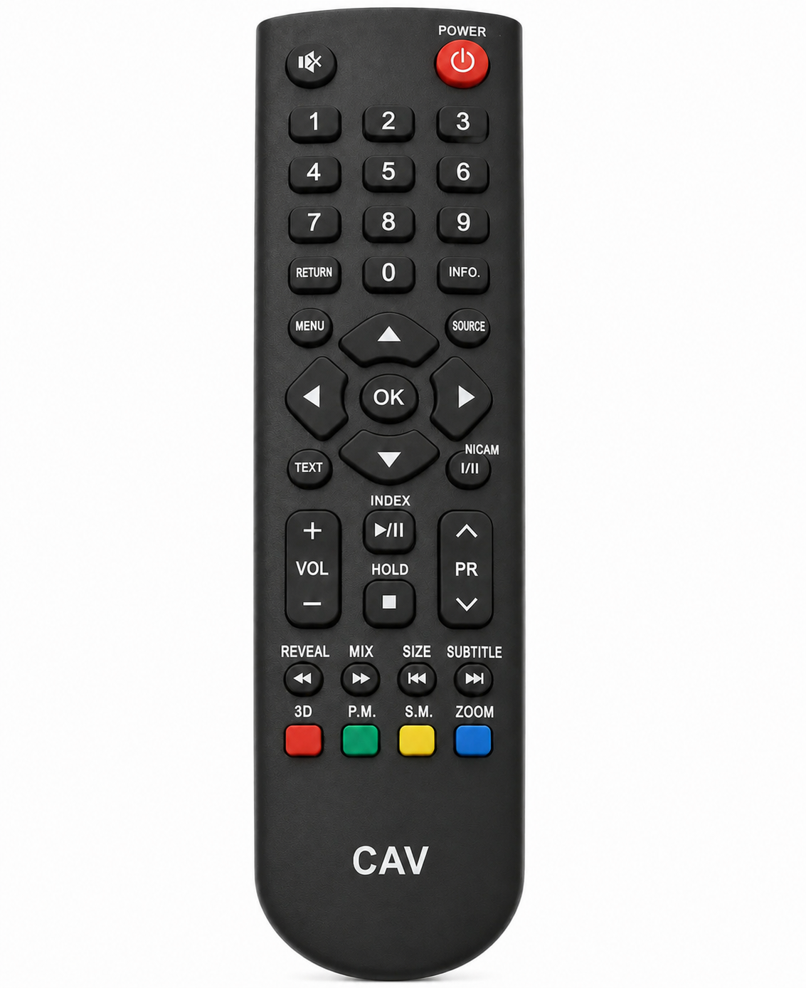 Sinotec HS-02JB TV remote control replacement, black, front view
