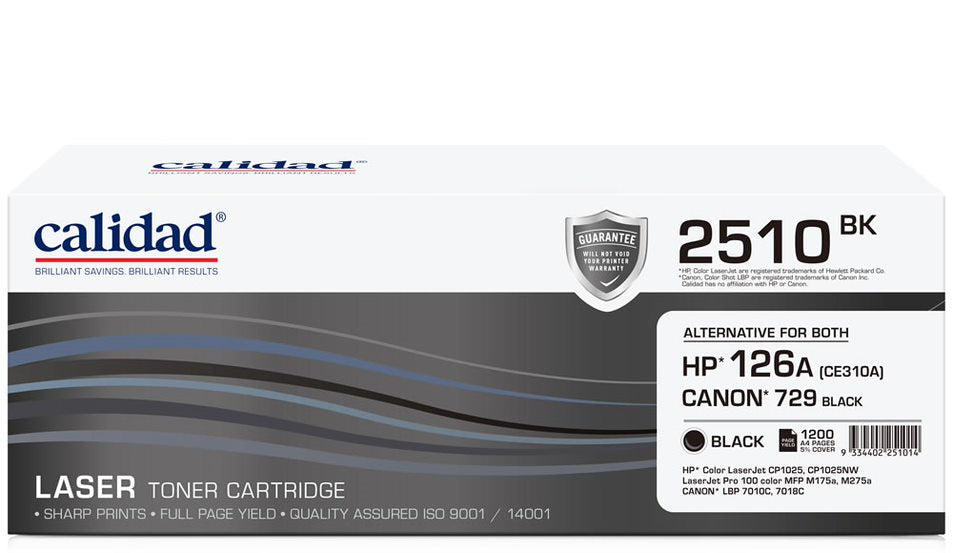 Calidad 2510-BK Black Toner alternative for HP 126A Black (CE310A); CANON CART 329BK, CART 729BK