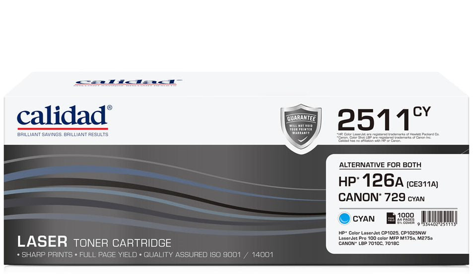 Calidad 2511-CY Cyan Toner alternative for HP 126A Cyan (CE311A); CANON CART 329C, CART 729C
