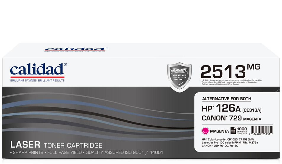 Calidad 2513-MG Magenta Toner alternative for HP 126A Magenta (CE313A); CANON CART 329M, CART 729M