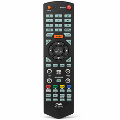 JVC RM-C3142 universal TV remote control, black, front view