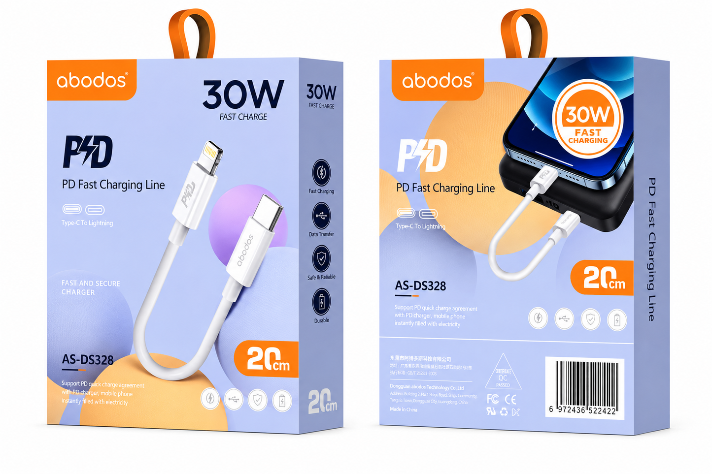 Abodos AS-DS328 30W Type-C ~ iPhone 20cm Cable