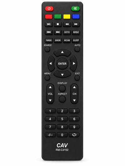 JVC RM-C3152 universal TV remote control, black, front view
