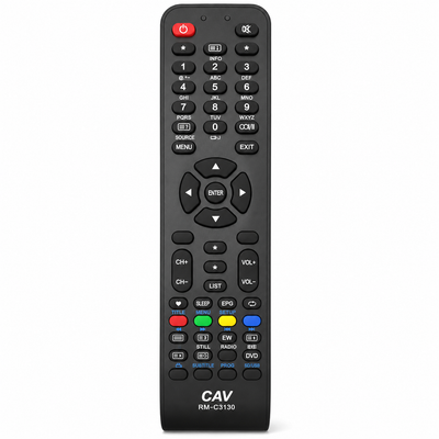 JVC RM-C3130 universal TV remote control, black, front view