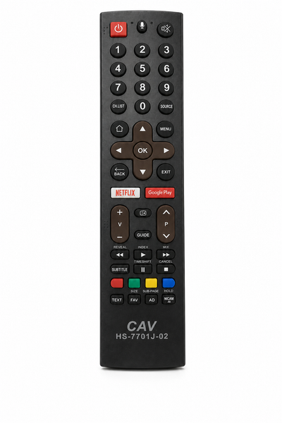 Sinotec HS-7701J-02 smart TV remote control, black, front view