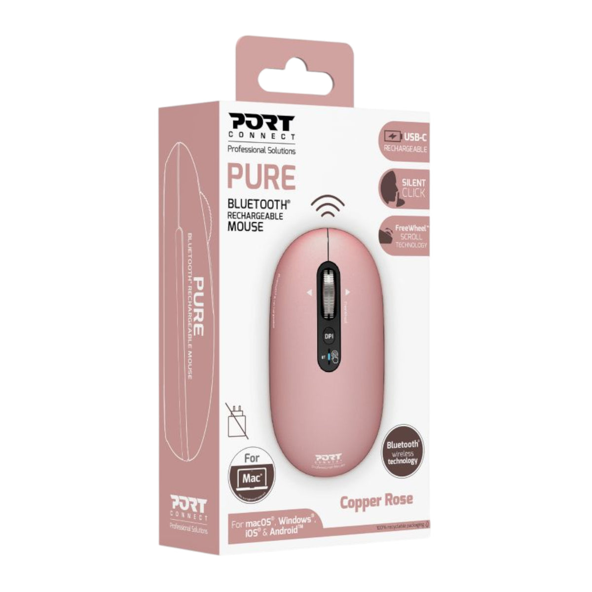 Port Connect PURE MAC Rechargeable Wireless and Bluetooth Mouse - Copper Rose