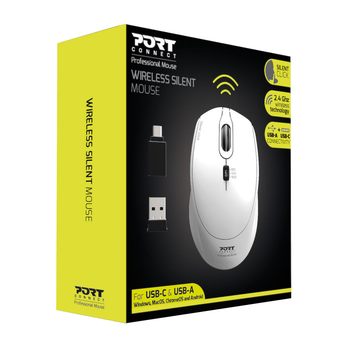 Port Connect Silent 1600DPI 3 Button Wireless Mouse - White
