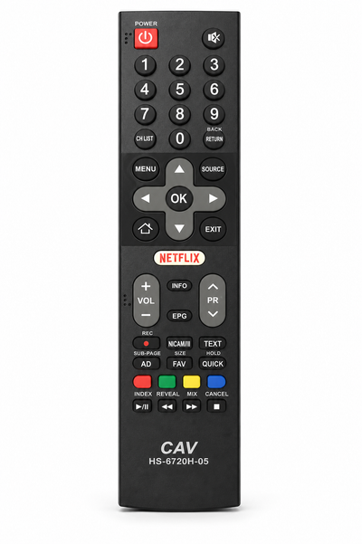 Sinotec HS-6720H-05 smart TV remote control, black, front view