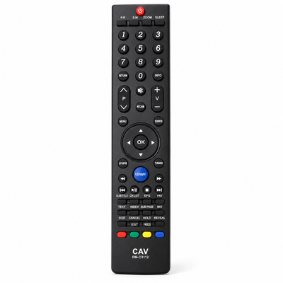 JVC RM-C3112 universal TV remote control, black, front view