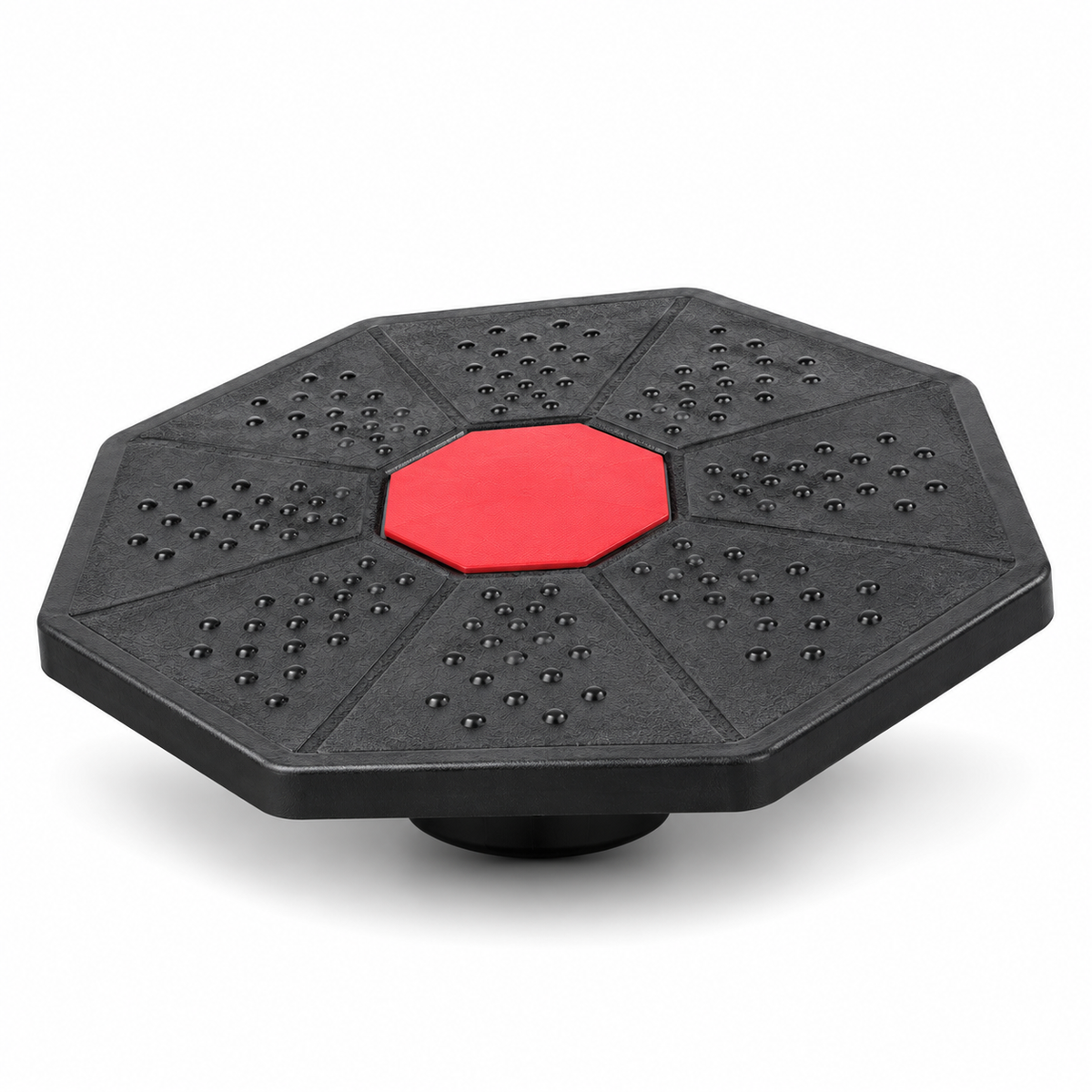 Black multi-directional wobble board with red centre on a white background