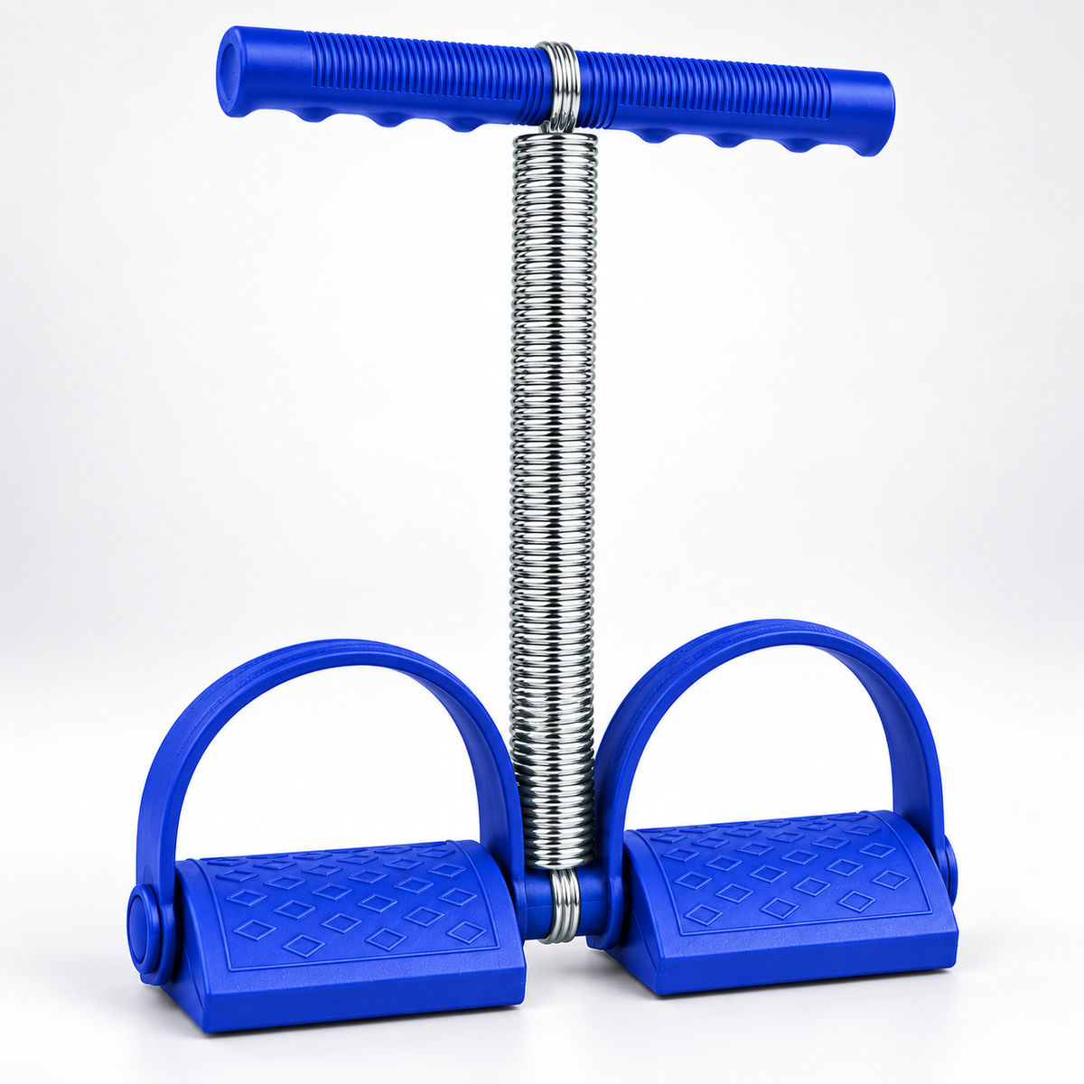 Spring grip strengthener showing chrome coil, blue handle and foot pedals
