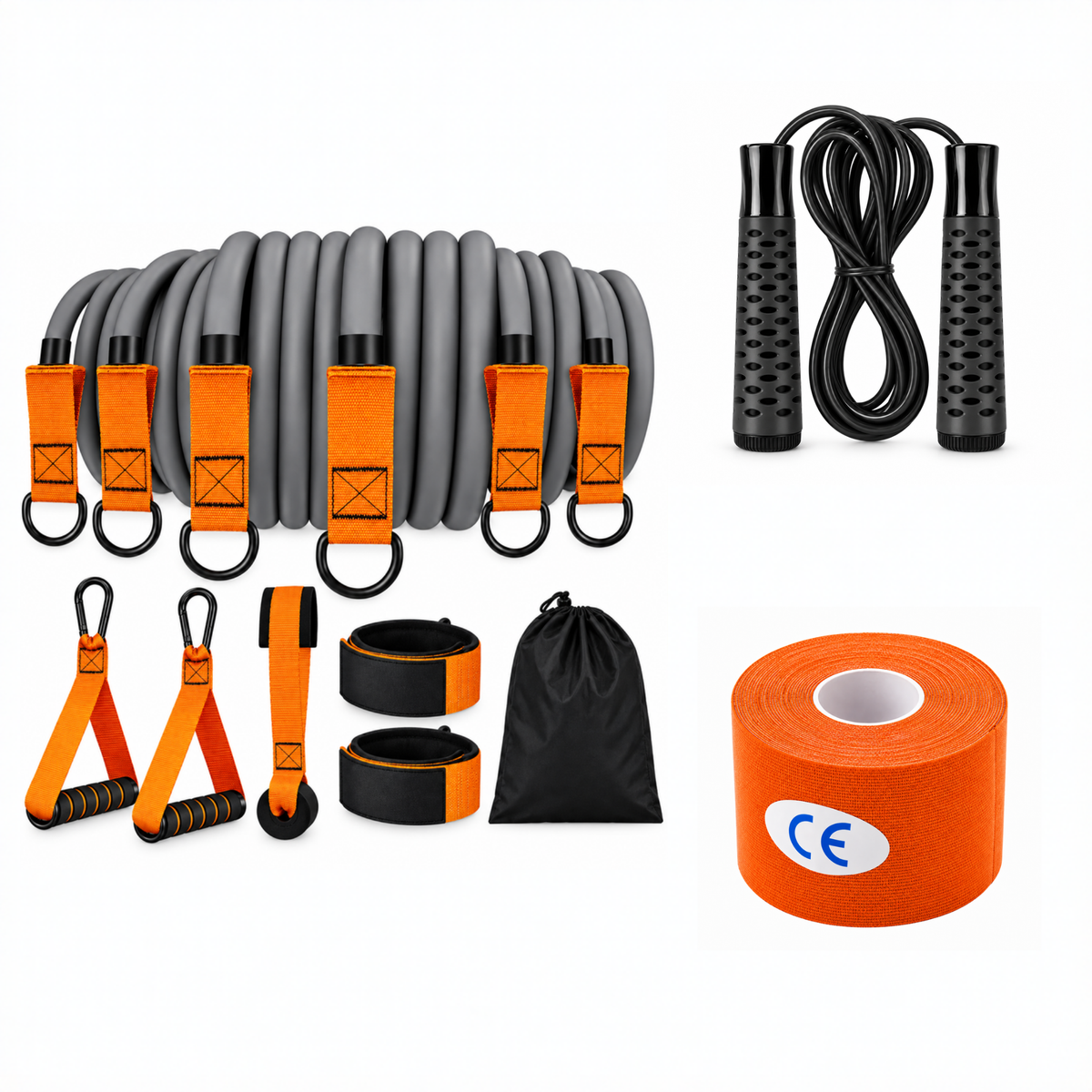 Home Workout Starter Kit – resistance band set, black jump rope and kinesiology tape