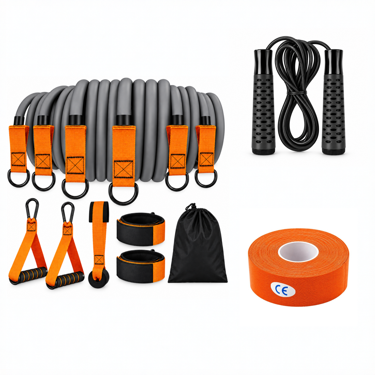 Home Workout Starter Kit – resistance band set, black jump rope and kinesiology tape