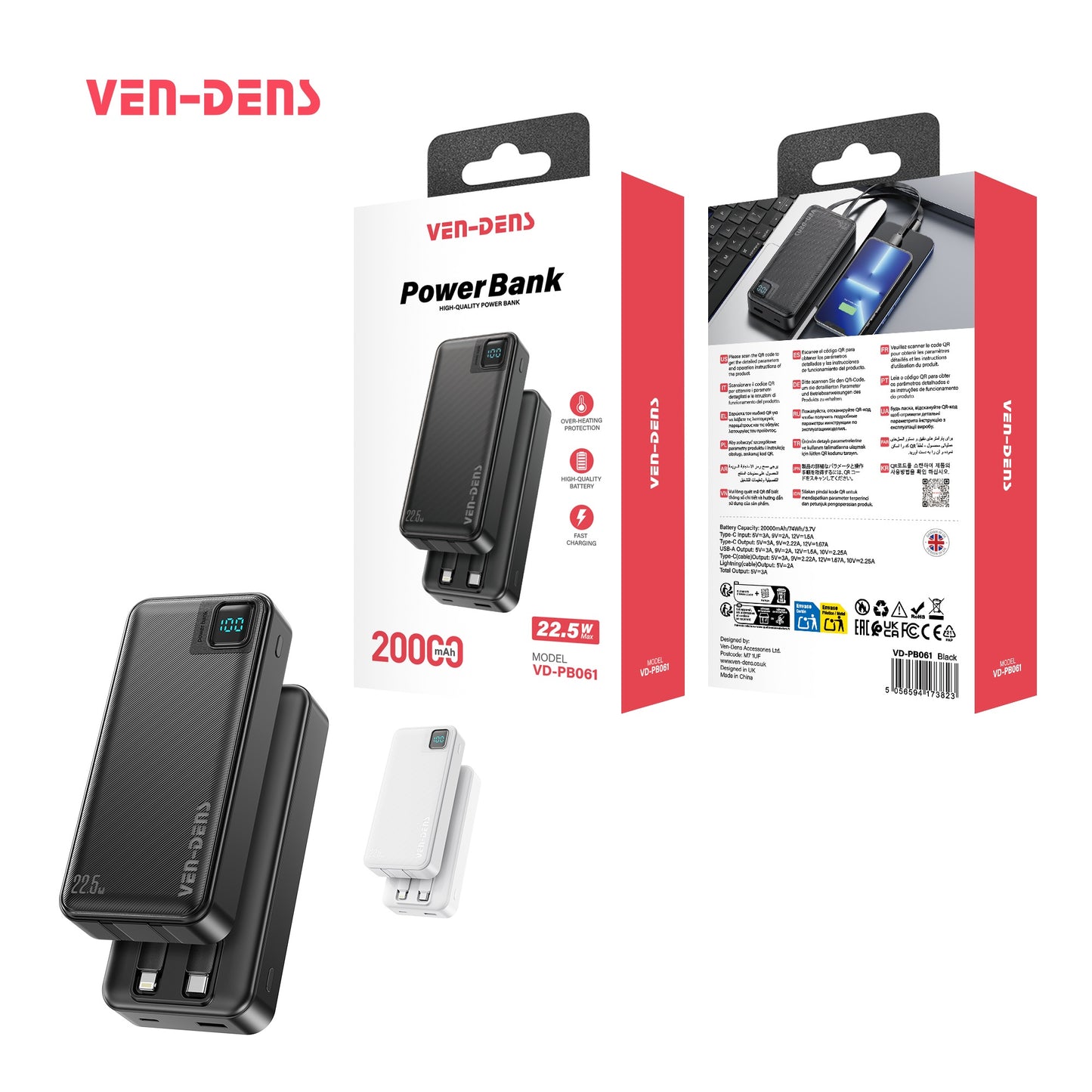 VEN-DENS VD-PB061 20000mAh Power Bank W/Cable
