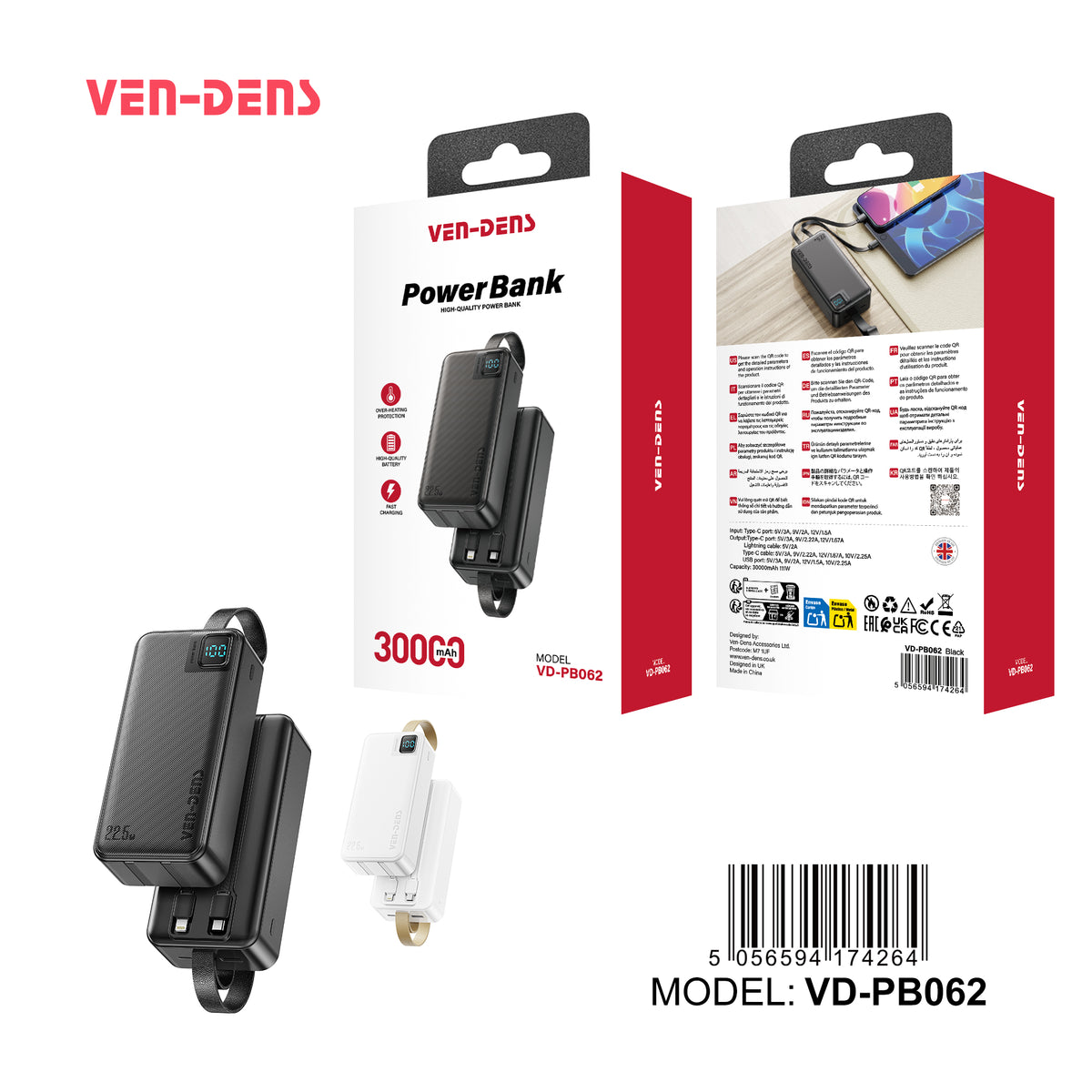 VEN-DENS VD-PB062 30,000mAh Power Bank with Built-In Cables