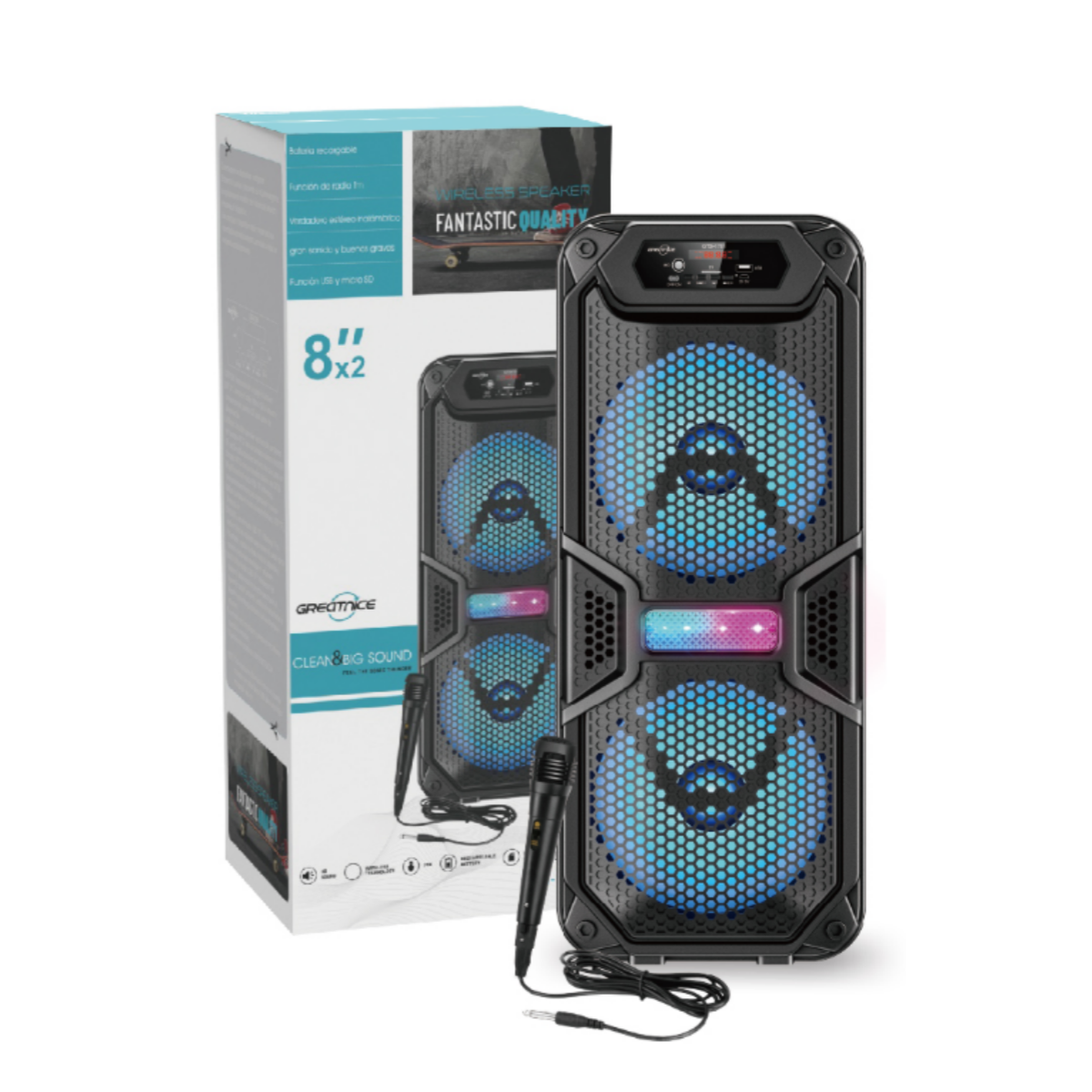 Greatnice Dual 8-Inch Wireless Party Speaker with Microphone