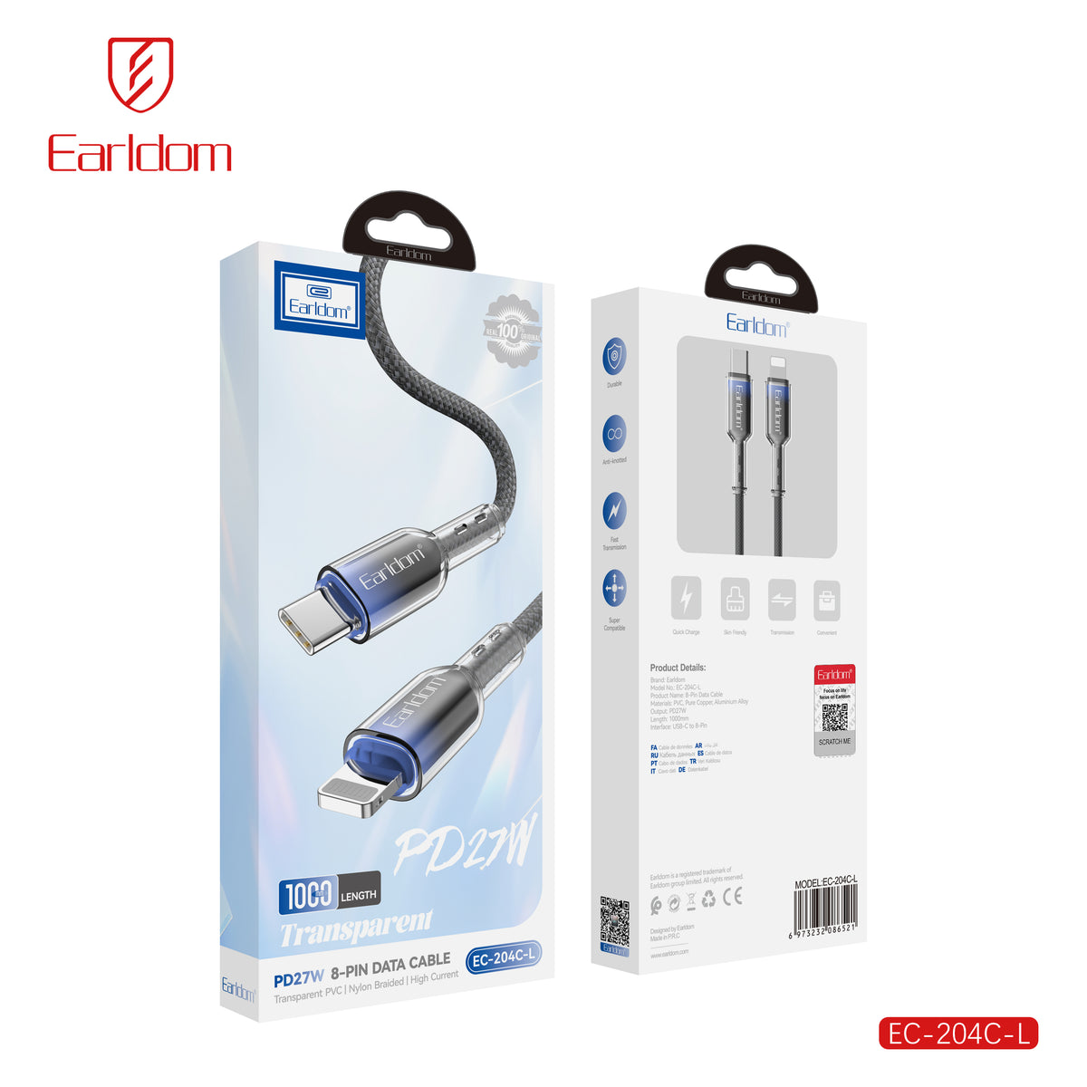 Earldom EC-204C-L 27W USB-C to Lightning Charging & Data Cable