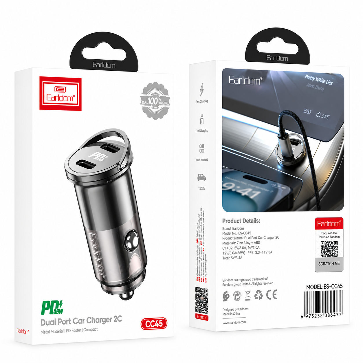 Earldom ES-CC45 PD*2 36W Car Charger