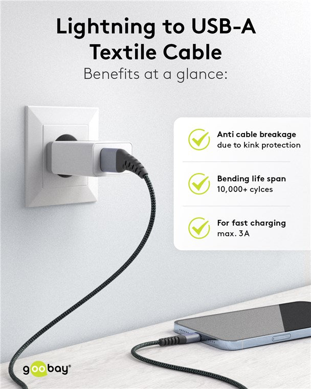 Goobay Lightning USB A Textile 1M Cable With Metal Plugs - additional view