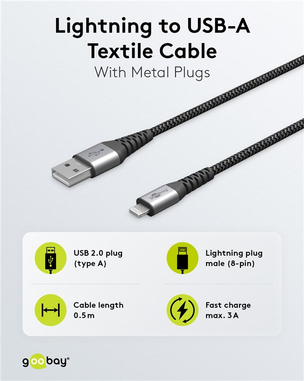 Goobay Lightning USB A Textile 1M Cable With Metal Plugs - additional view