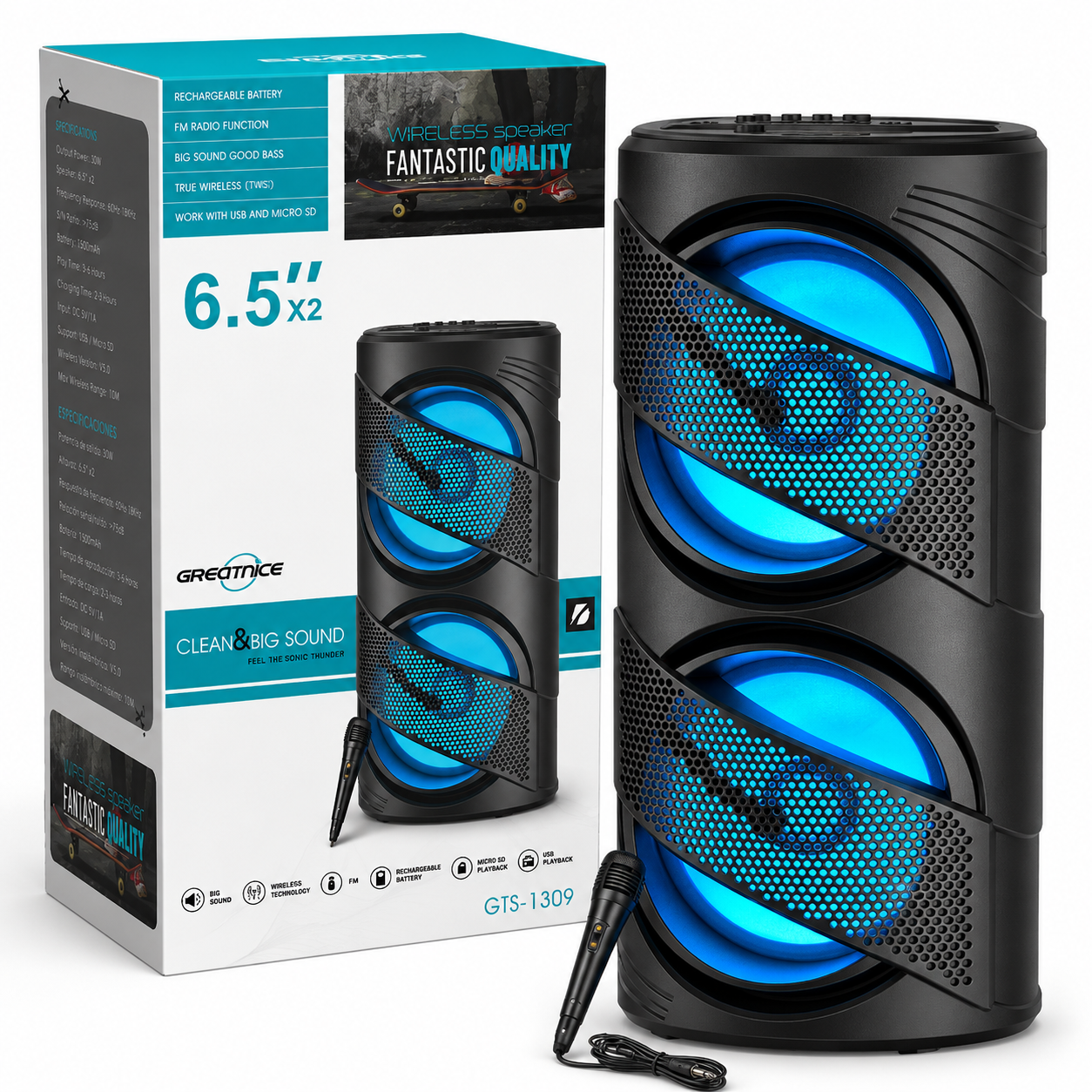 GTS-1309 Bluetooth 6.5"x2 Speaker W/Microphone