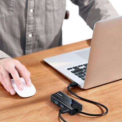 UGREEN USB Type-A Male to Ethernet Adapter with 3-Port USB Hub – Black