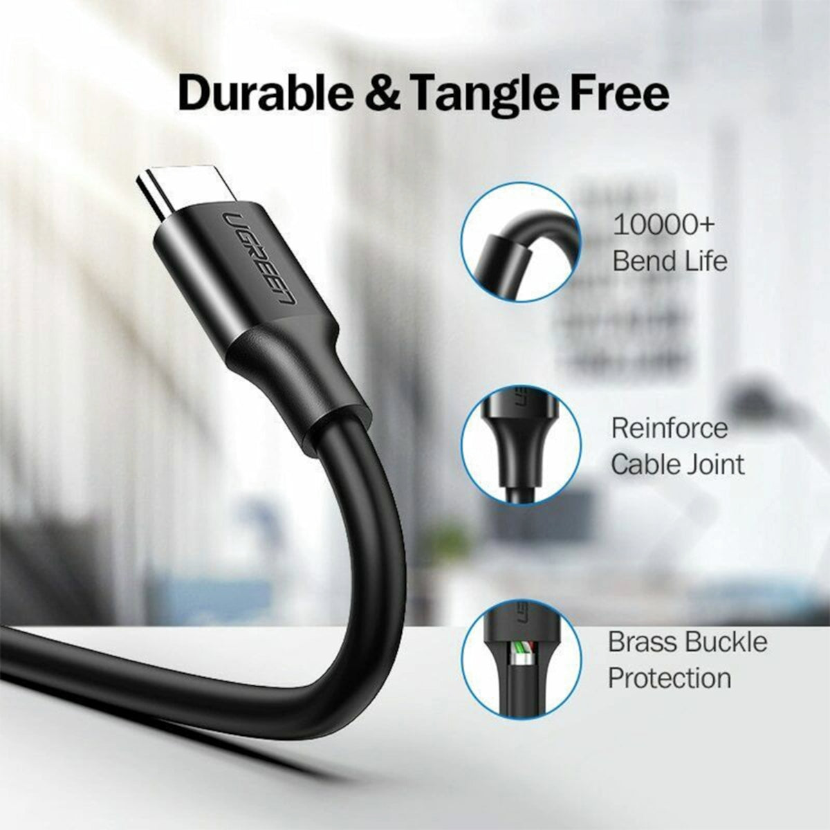UGREEN Type-C to USB-A 3.0 Cable 1.5m – Fast Charging 3A, 5Gbps Sync – Black