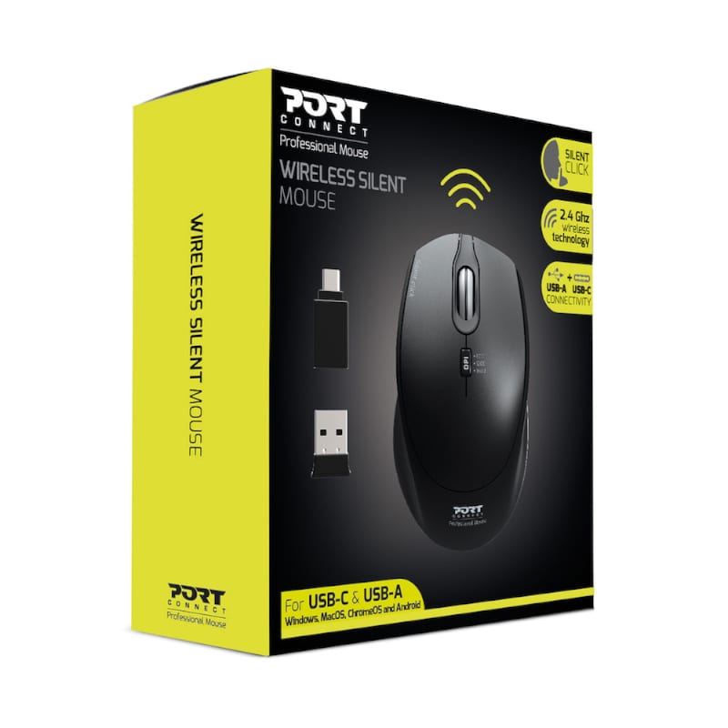 Port Connect Silent 1600DPI 3 Button Wireless Mouse - Black