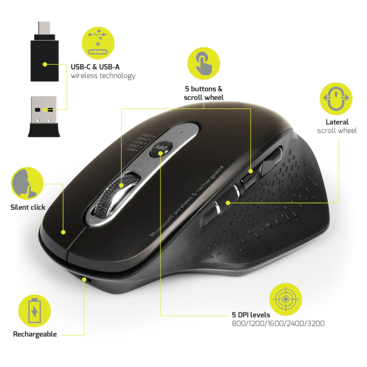 Port Connect Bluetooth Wireless and Rechargeable Executive Mouse - Black
