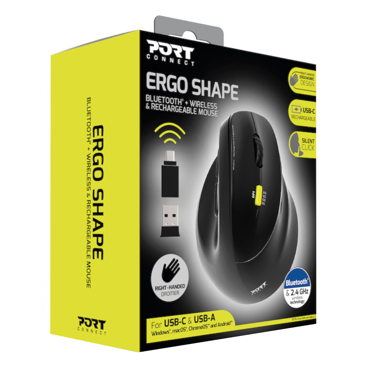 Port Connect Ergo Shape Bluetooth Rechargeable Mouse