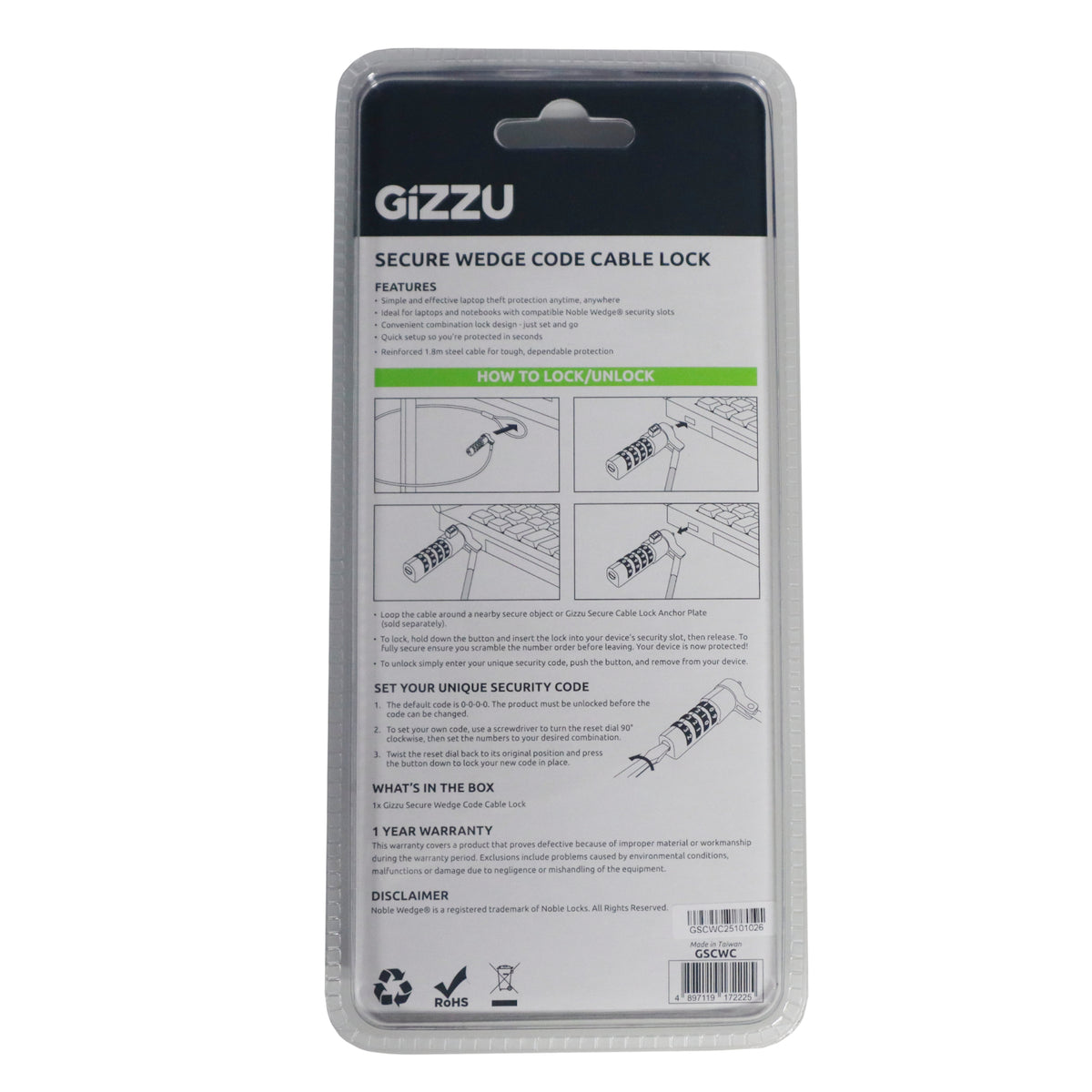 Gizzu Secure Wedge Code Cable Lock 1.8m
