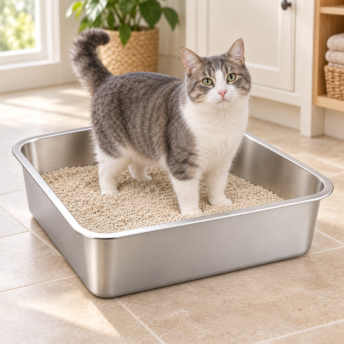 Stainless Steel Cat Litter Box – Large 60 × 40 × 15 cm