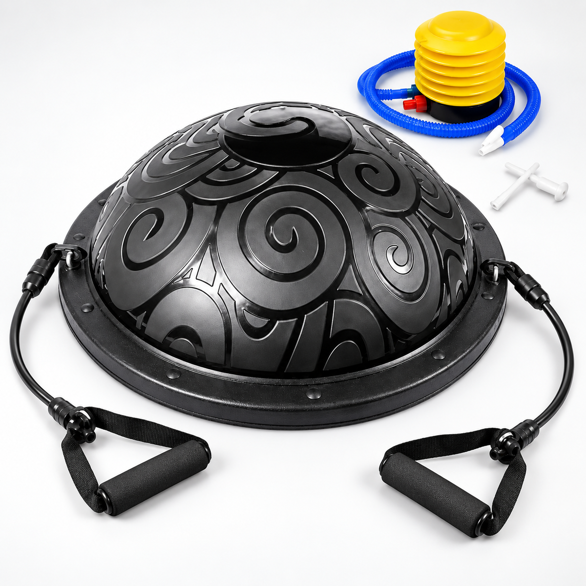 Black balance trainer showing textured dome, resistance bands and pump