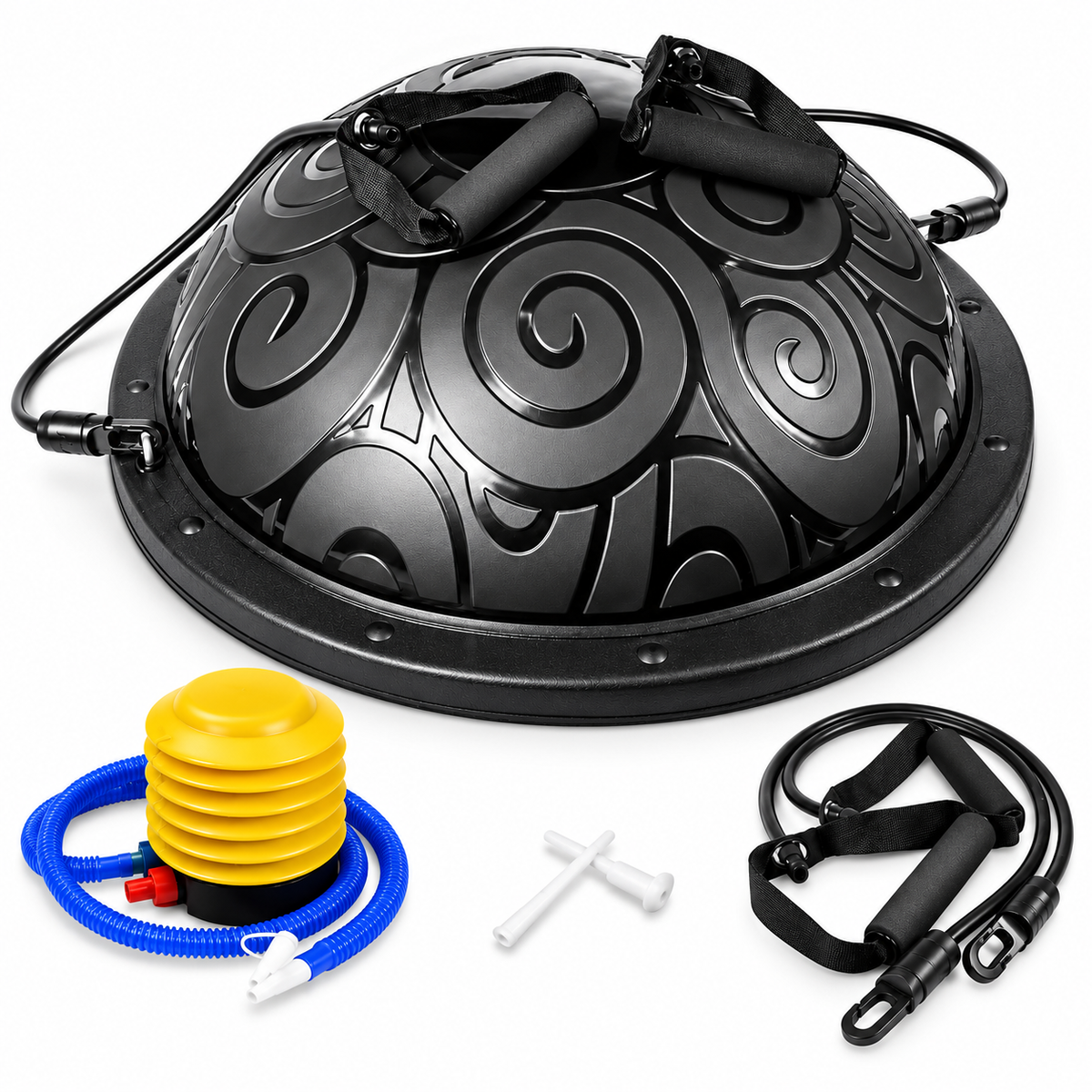 Balance trainer with resistance bands and accessories on a white background