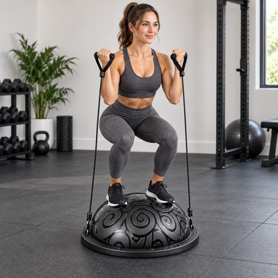 Woman exercising on a balance trainer with resistance bands