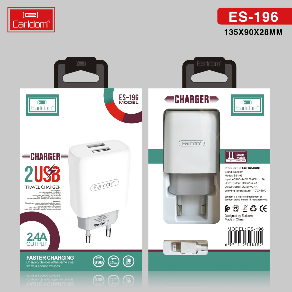 Earldom ES-196 dual USB 2.1A travel charger with Micro USB cable