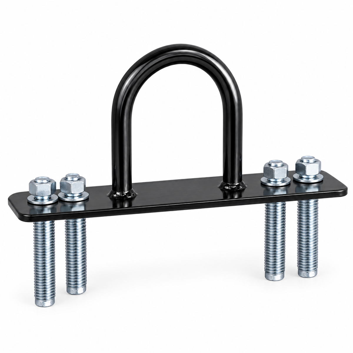 Heavy-duty fitness anchor fixture showing U-loop, plate and four bolts