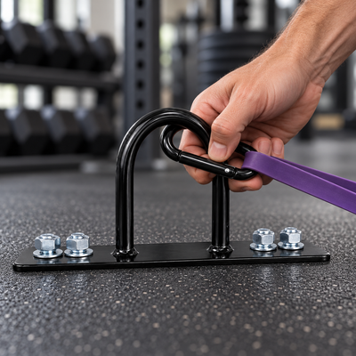 Resistance band being clipped to a heavy-duty fitness anchor fixture