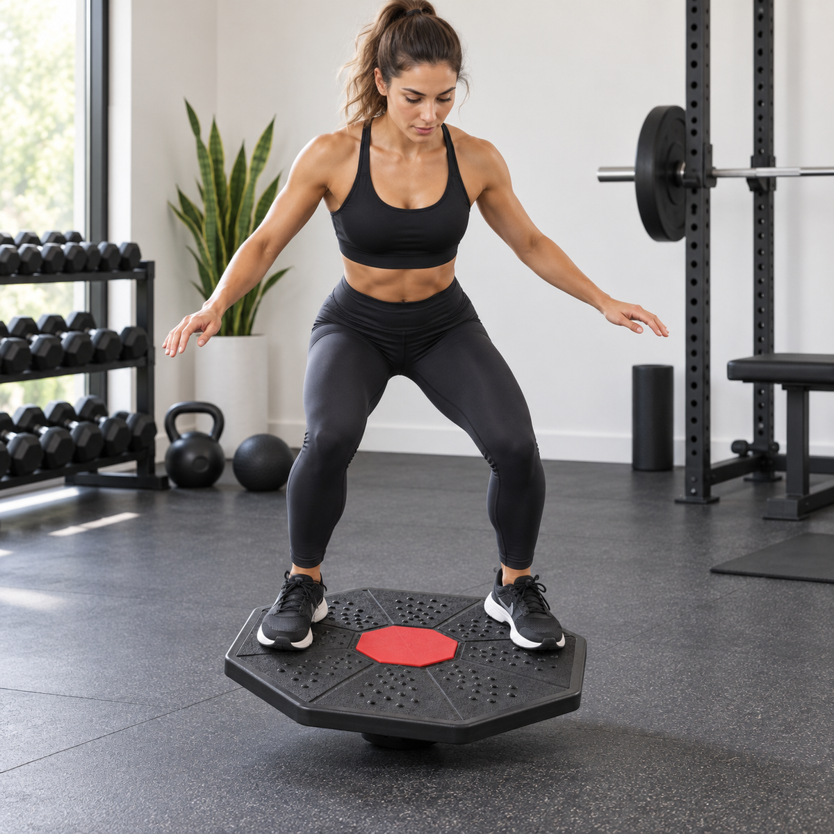 Woman using a multi-directional wobble board for balance training