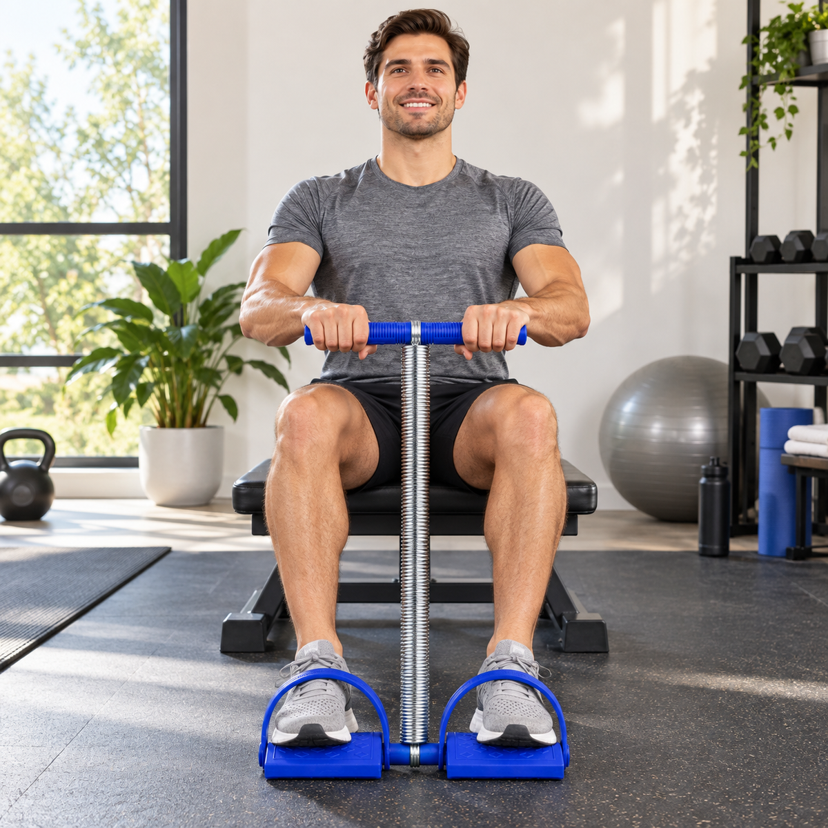 Man using a spring grip strengthener with foot pedals