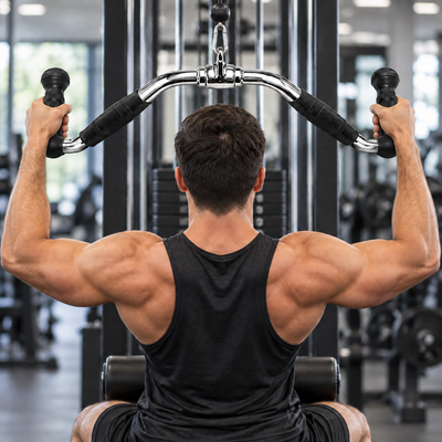 Wide-Grip Lat Pulldown Bar in use with hands on outer handles