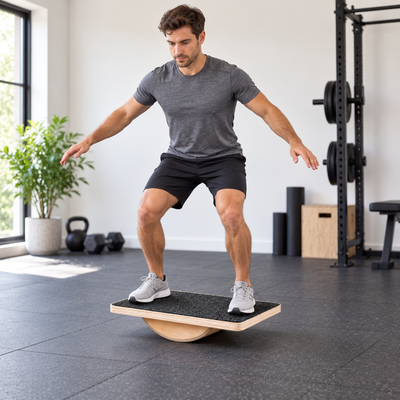 Man using a wooden wobble board for balance training